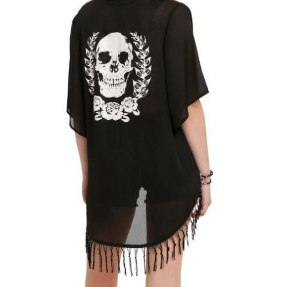 Hot Topic Tops - Hot Topic Womens Top Black & White L  Skull Fringe Kimono Open Front New